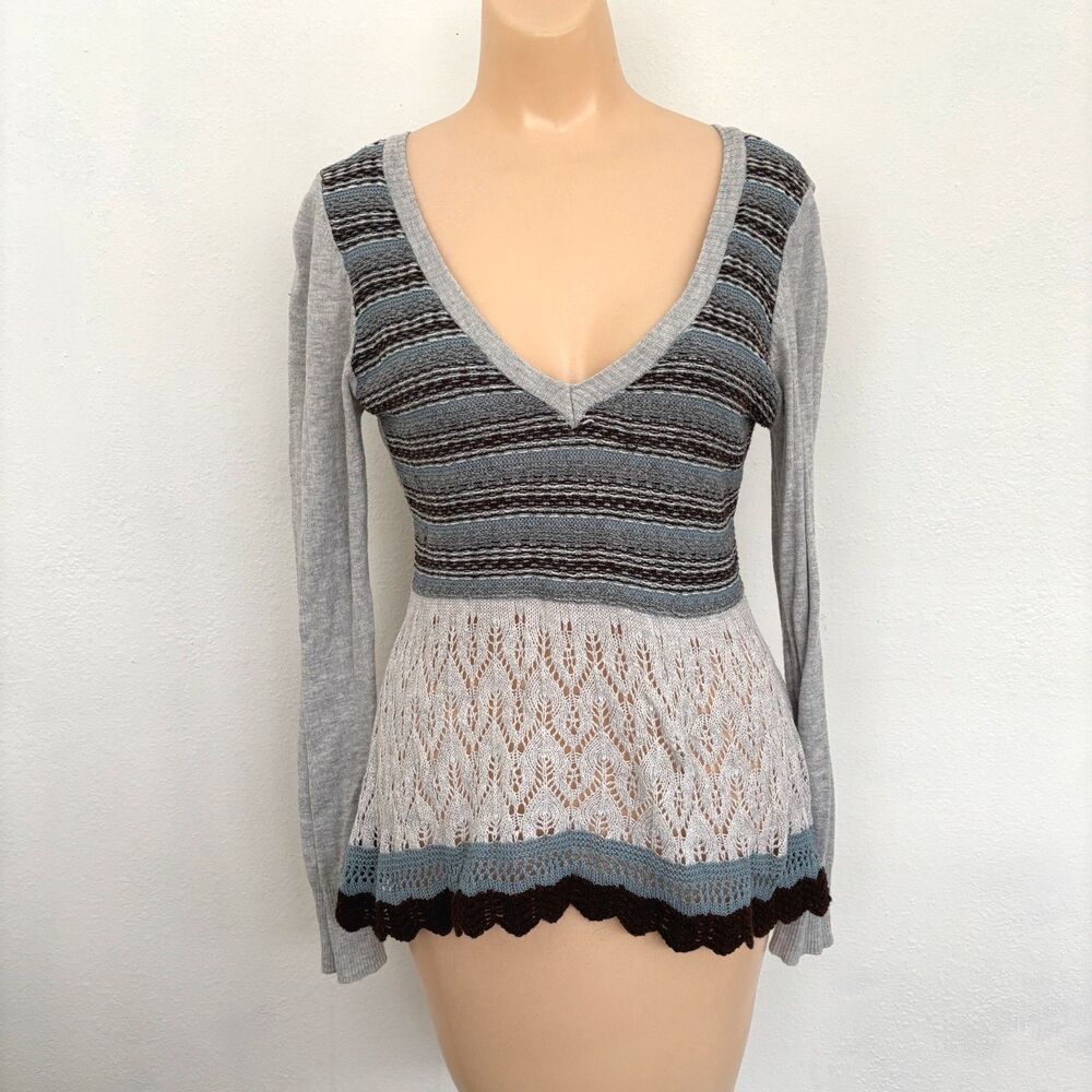 Womens Juniors Y2K Boho Indie Sweater Medium Earthy Granola Cottage Crochet